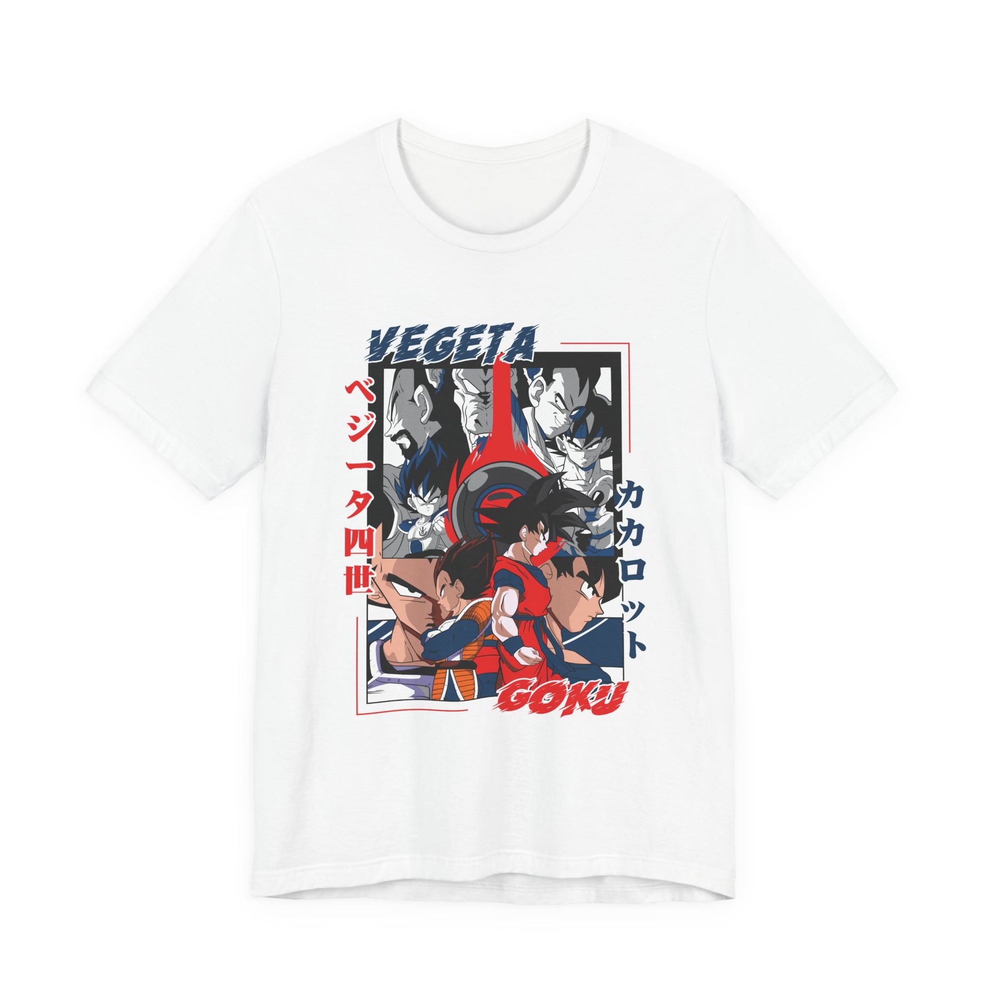 Alt: Saiyan Rivalry Anime Shirt on white, angled front view, anime streetwear by Snapping Turtle Gallery

