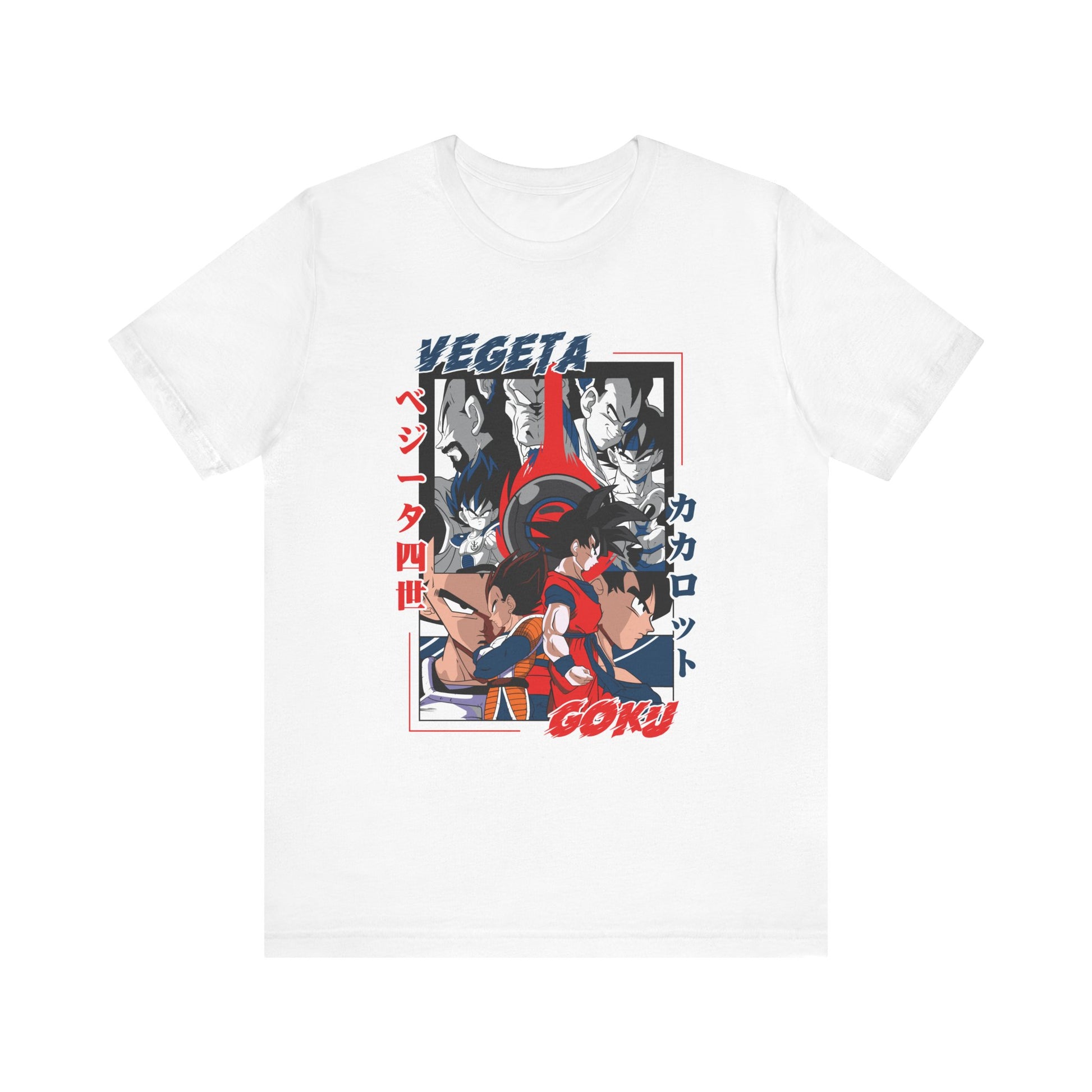 Alt: Saiyan Rivalry Anime Shirt printed on white, front view, anime apparel by Snapping Turtle Gallery

