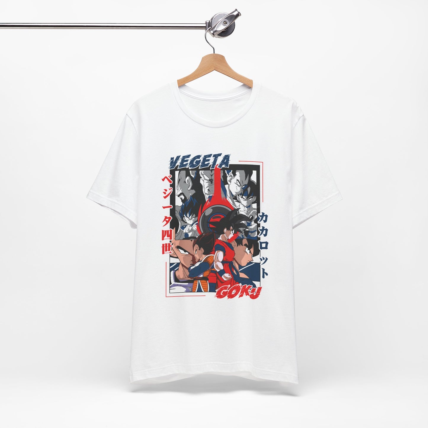 Alt: Saiyan Rivalry Anime Shirt on white, hanging front, anime apparel by Snapping Turtle Gallery

