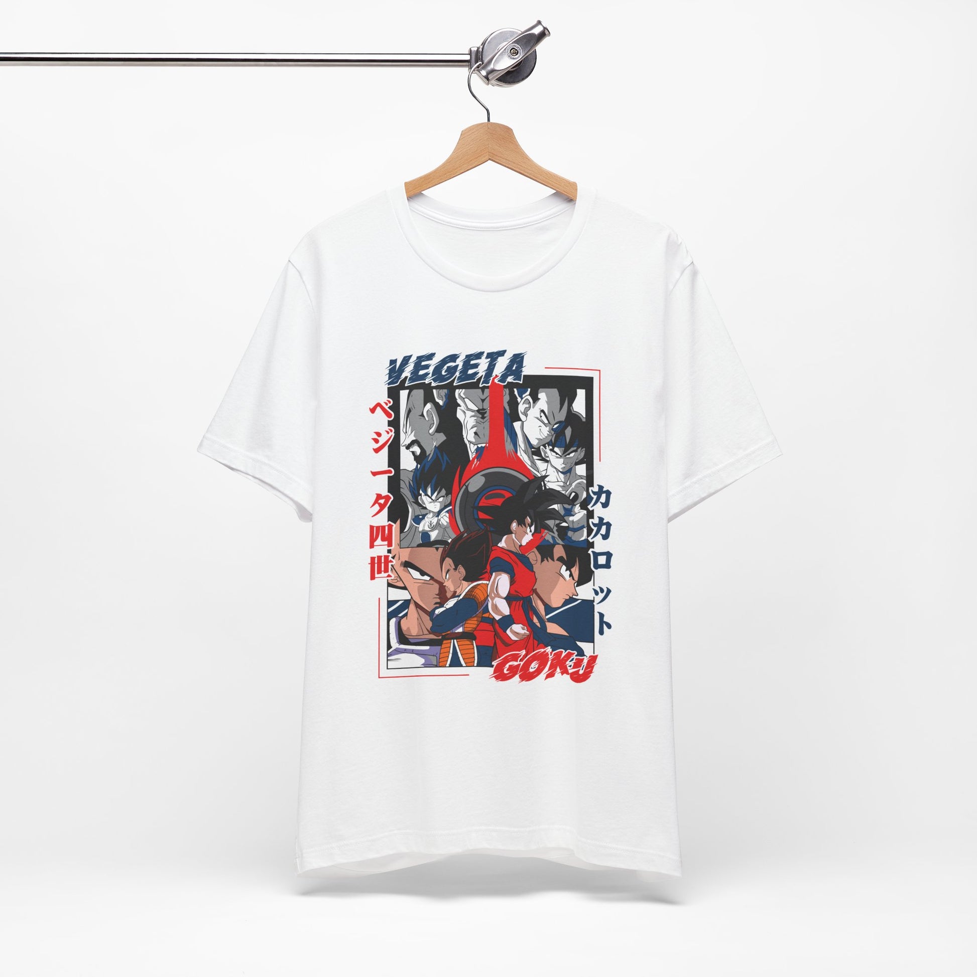 Alt: Saiyan Rivalry Anime Shirt on white, hanging front, anime apparel by Snapping Turtle Gallery

