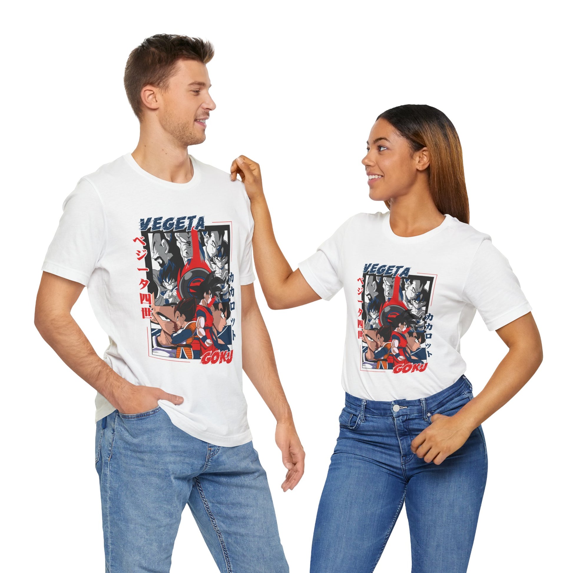 Alt: Saiyan Rivalry Anime Shirt on white, worn by models, lifestyle display by Snapping Turtle Gallery

