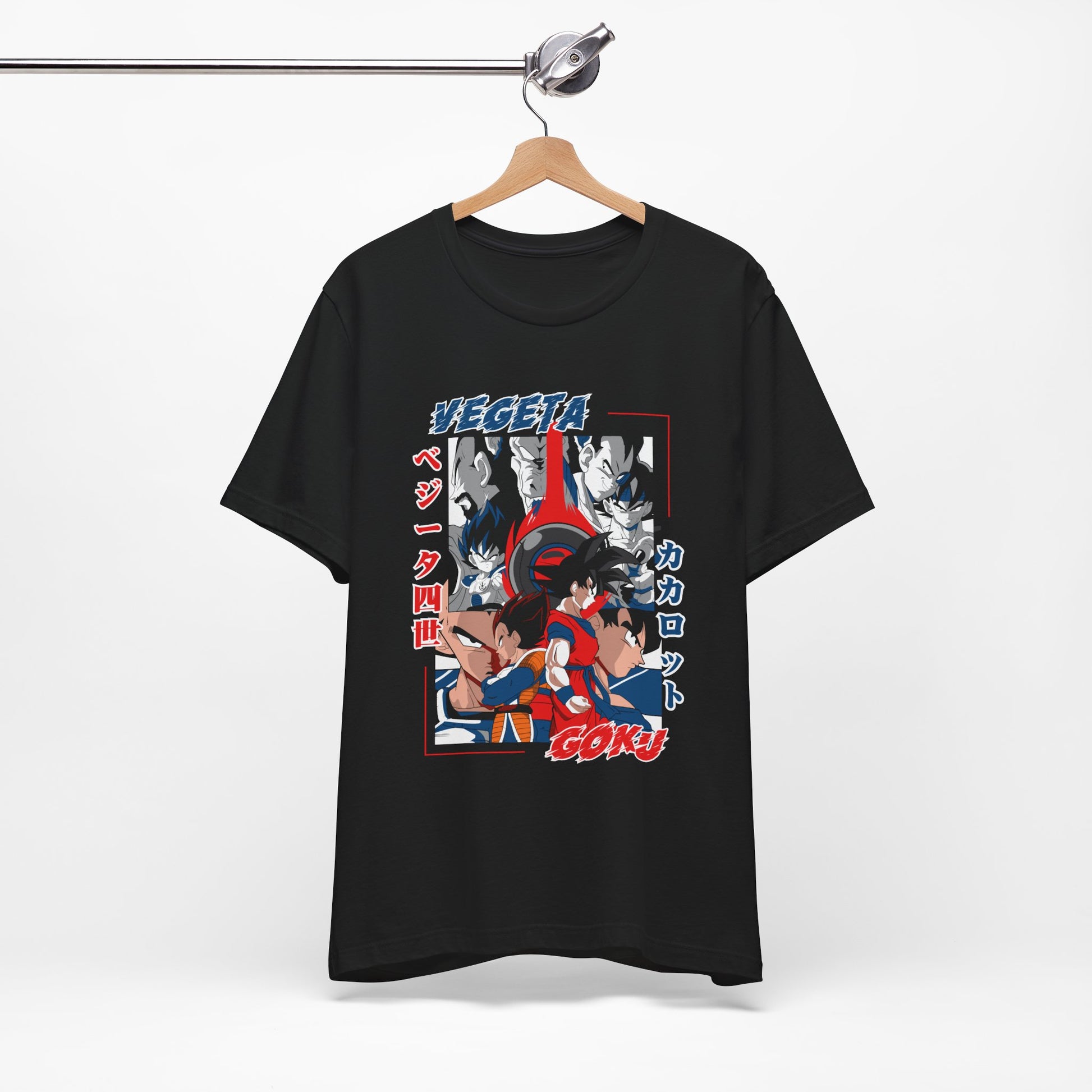Alt: Saiyan Rivals Anime Shirt on black, hanging front, anime apparel by Snapping Turtle Gallery

