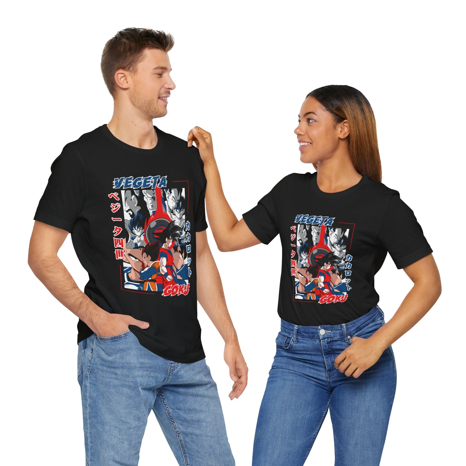 Alt: Saiyan Rivals Anime Shirt on black, worn by models, lifestyle display by Snapping Turtle Gallery

