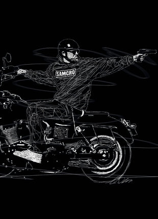 SAMCRO on Two Wheels: shows a helmeted biker on a large motorcycle with one arm extended to aim a handgun.