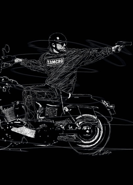 SAMCRO on Two Wheels: shows a helmeted biker on a large motorcycle with one arm extended to aim a handgun.