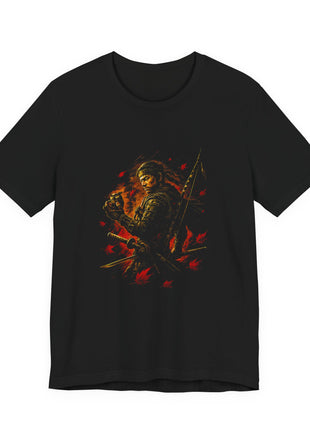Front of black T-shirt showing a samurai holding a small owl-shaped figure, with swords, a bow and red autumn leaves.