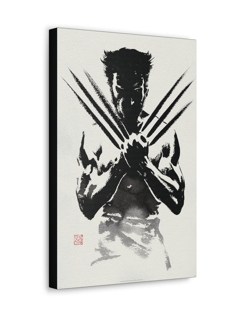 "Samurai Spirit – Black & White Japanese Watercolor Wolverine Wall Art on canvas, acrylic, and metal – front view featuring Wolverine in an ink-wash samurai stance."
