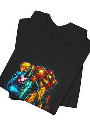 Folded black T-shirt detail showing Samus’s blonde ponytail, blue suit and the armored figure’s green visor and cannon.