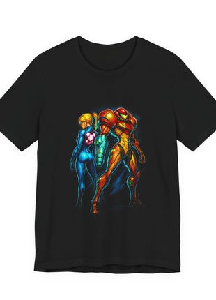 Black T-shirt front featuring Samus Aran in blue Zero Suit beside an orange-armored version with an arm cannon.