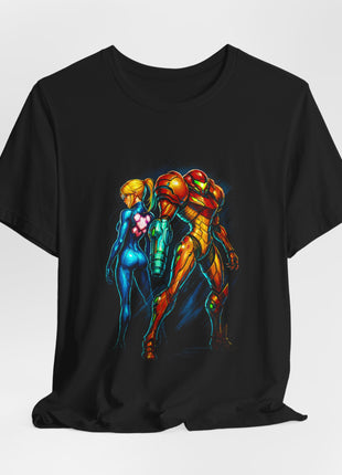 Gathered front of a black T-shirt with two Samus Aran figures in contrasting blue and orange-gold suits.