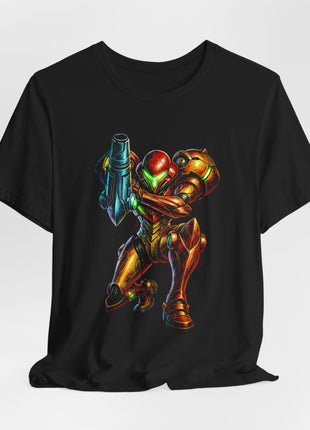 Draped front view of the black Samus Aran Varia Suit Cannon Graphic T-Shirt.