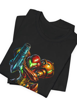 Folded view of the black Samus Aran Varia Suit Cannon Graphic T-Shirt.