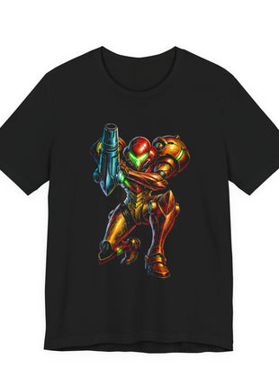 Front view of the black Samus Aran Varia Suit Cannon Graphic T-Shirt.