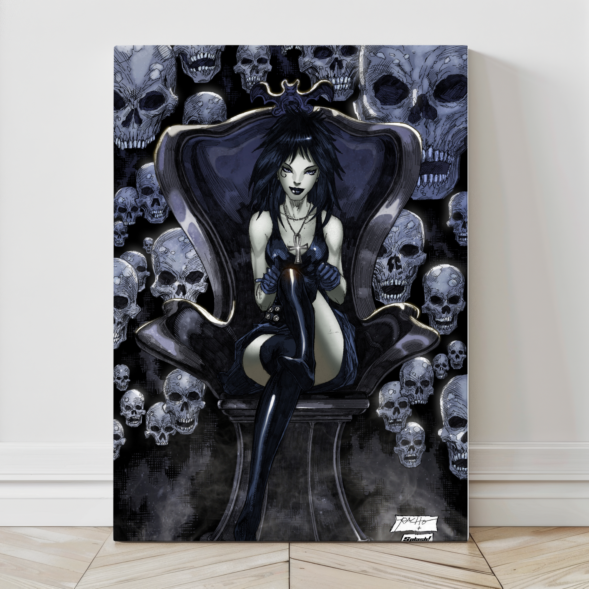 “Death Wall Art – Endless Grace on canvas, acrylic, or metal – goth comic icon with black hair, ankh, and quiet smile.”


