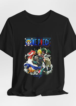 Draped front view of the black Sanji Rooster Cloud Scene Graphic T-Shirt.