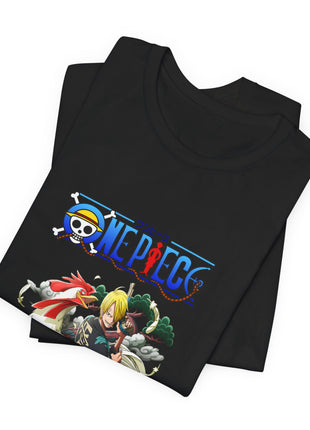 Folded black Sanji Rooster Cloud Scene Graphic T-Shirt showing a close view of the printed character artwork.