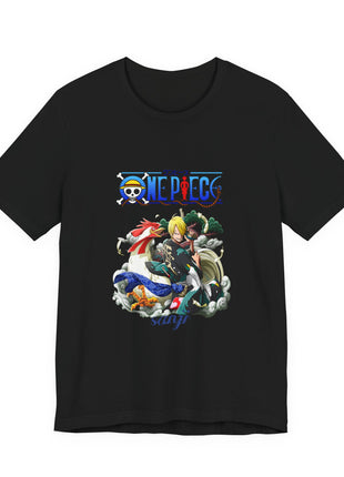 Front of a black T-shirt featuring Sanji posing beside a large white rooster among curling clouds and green foliage.