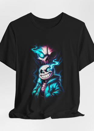Draped front view of the black Sans Blue Flame Grin Graphic T-Shirt.