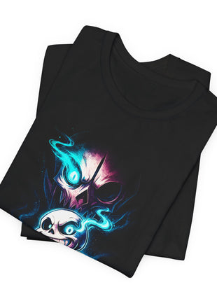 Folded view of the black Sans Blue Flame Grin Graphic T-Shirt.