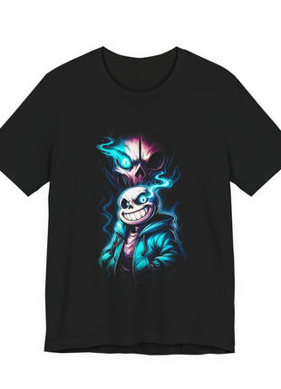 Front view of the black Sans Blue Flame Grin Graphic T-Shirt.