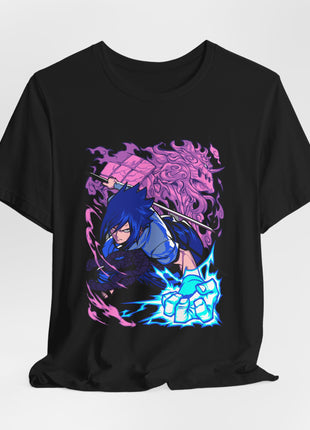 Draped front view of the black Sasuke Blue Lightning Purple Backdrop Graphic T-Shirt. Artwork: Sasuke with cyan lightning-like accents and a large purple illustrated backdrop.