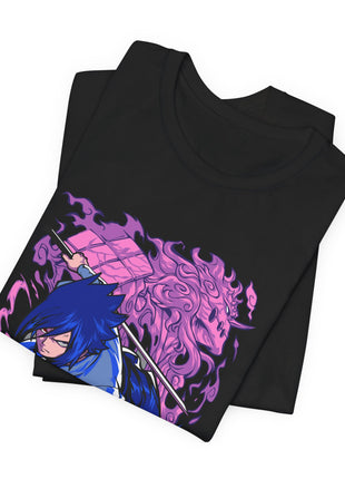 Folded black Sasuke Blue Lightning Purple Backdrop Graphic T-Shirt showing a close view of the front artwork.