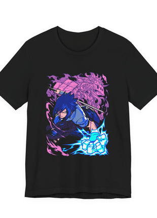 Front of the black Sasuke Blue Lightning Purple Backdrop Graphic T-Shirt. Artwork: Sasuke with cyan lightning-like accents and a large purple illustrated backdrop.