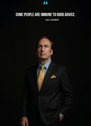Saul Goodman in a dark portrait beneath white quotation text and a blue quotation mark.