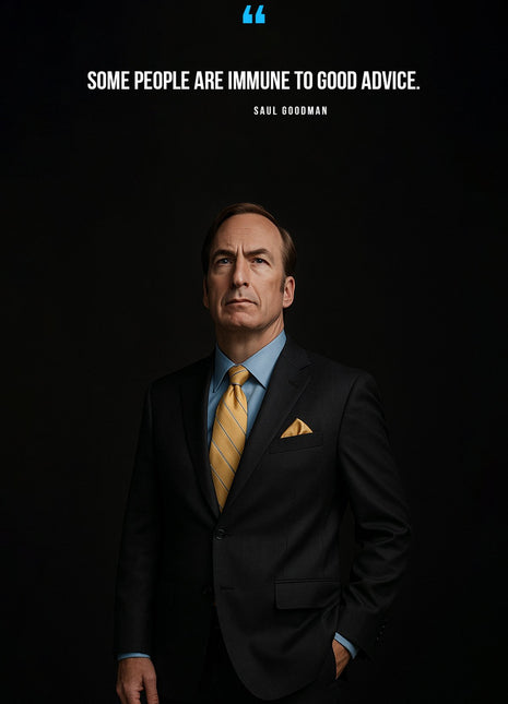 Saul Goodman in a dark portrait beneath white quotation text and a blue quotation mark.
