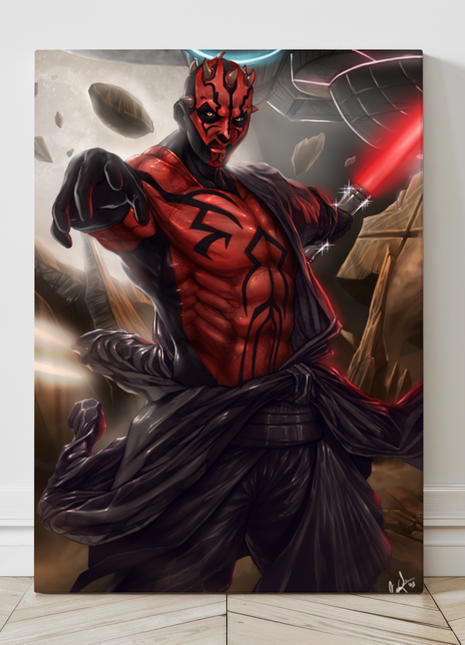 Large canvas artwork of Sith villain with dual red saber – Darth Maul style