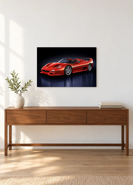 Scarlet Apex Wing shown as horizontal acrylic wall art above a wooden console with a vase of leafy stems and stacked books.