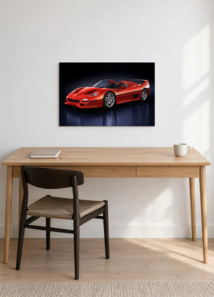 Scarlet Apex Wing shown as horizontal acrylic wall art above a wooden desk with a notebook, pencil and white mug.