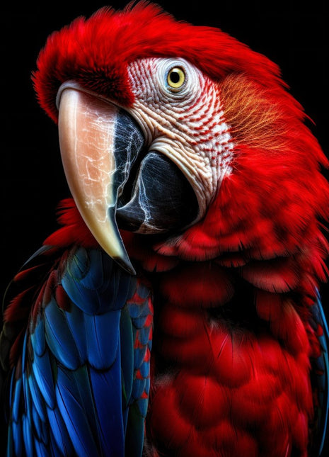 Scarlet parrot facing left with a large curved beak, blue wing and black background.