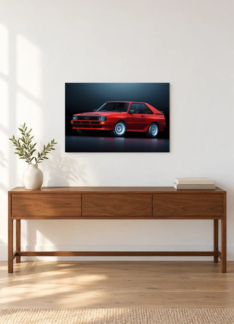 Scarlet Rallyline shown as horizontal acrylic wall art above a wooden console with a vase of leafy stems and stacked books.