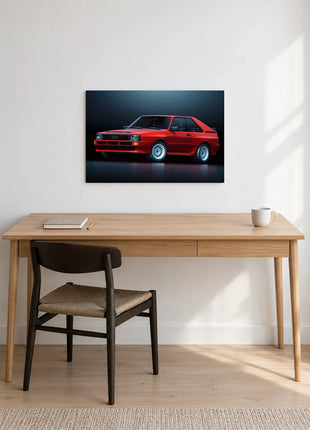 Scarlet Rallyline shown as horizontal acrylic wall art above a wooden desk with a notebook, pencil and white mug.