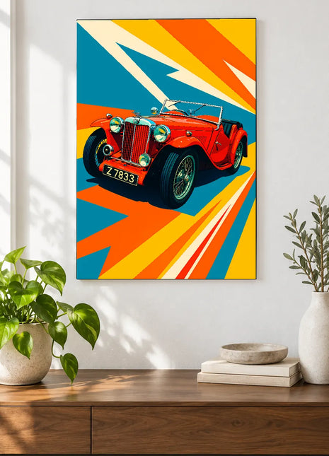 Scarlet Switchback car wall art displayed above a walnut console against a white wall