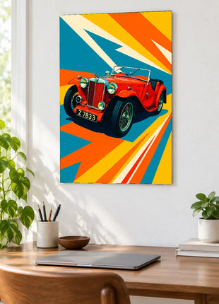 Scarlet Switchback car wall art displayed above a wooden desk against a white wall