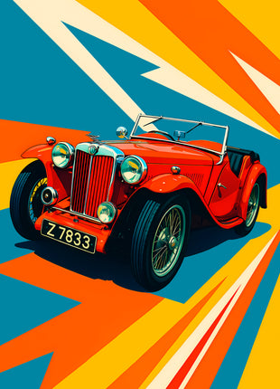 Red vintage open roadster with wire wheels against teal, orange, yellow and cream rays; Scarlet Switchback artwork