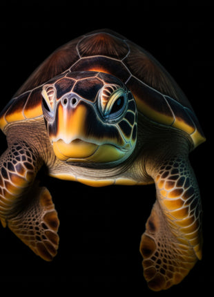 Front-facing sea turtle with broad flippers, a golden-toned face and dark patterned shell against black.
