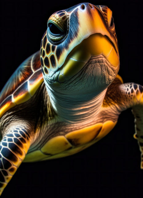 Sea turtle viewed from below with a raised head, spread flippers and golden underside against black.