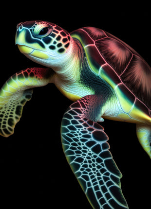 Sea turtle with luminous turquoise, lime and pink scale patterns and a reddish shell against black.