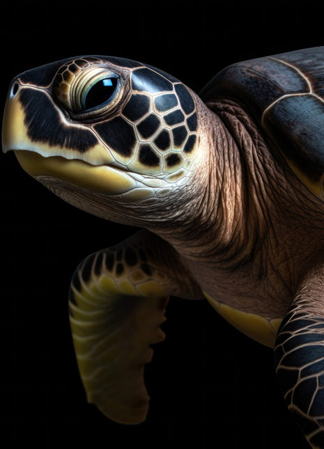 Sea turtle in three-quarter view with a patterned face, dark shell and broad front flipper against black.