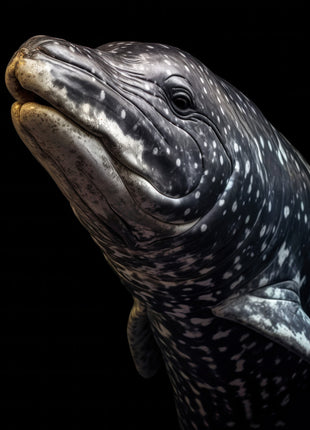 Dark seal with pale speckles, fine whiskers and an upturned rounded muzzle against black.