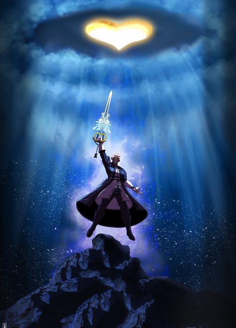 Seeker of Darkness Kingdom Hearts wall art by Ray Dash featuring Master Xehanort raising a Keyblade beneath a glowing heart.
