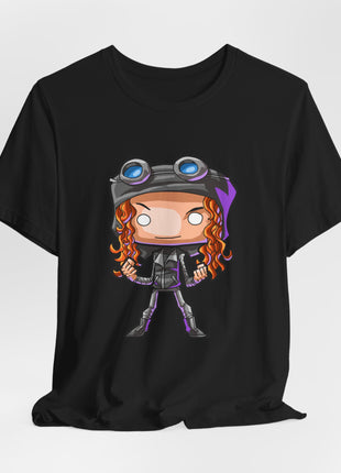 Draped front view of a black graphic T-shirt showing chibi Selina Kyle with curly hair and blue goggles.