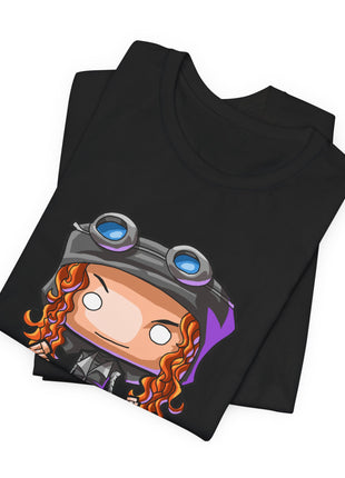 Folded black Selina Kyle graphic T-shirt showing a closer view of the chibi blue goggles design.
