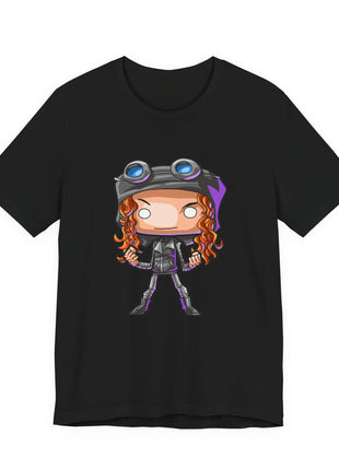 Front of a black graphic T-shirt showing chibi Selina Kyle with curly hair and blue goggles.