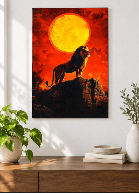 Lion standing on a dark rock below an enormous golden sun in a red-orange sky displayed above a console table in a room setting