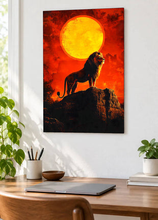 Lion standing on a dark rock below an enormous golden sun in a red-orange sky displayed above a desk in a room setting