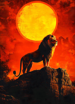 Lion standing on a dark rock below an enormous golden sun in a red-orange sky